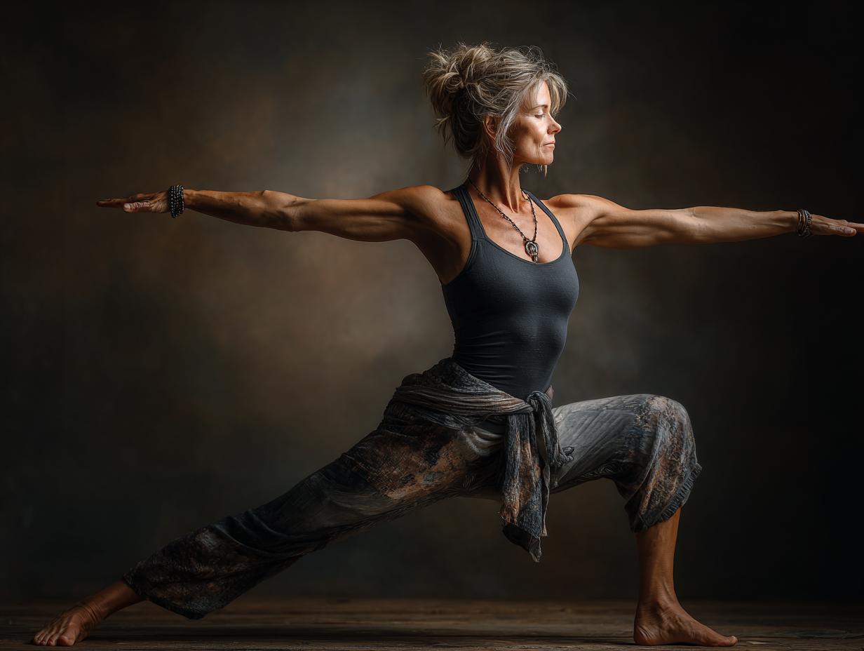 Tabiatda yoga qilayotgan katta yoshli ayol